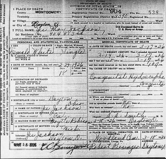 Yee Moy Jackson death certificate