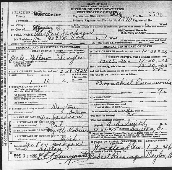Yee Poy Jackson death certificate